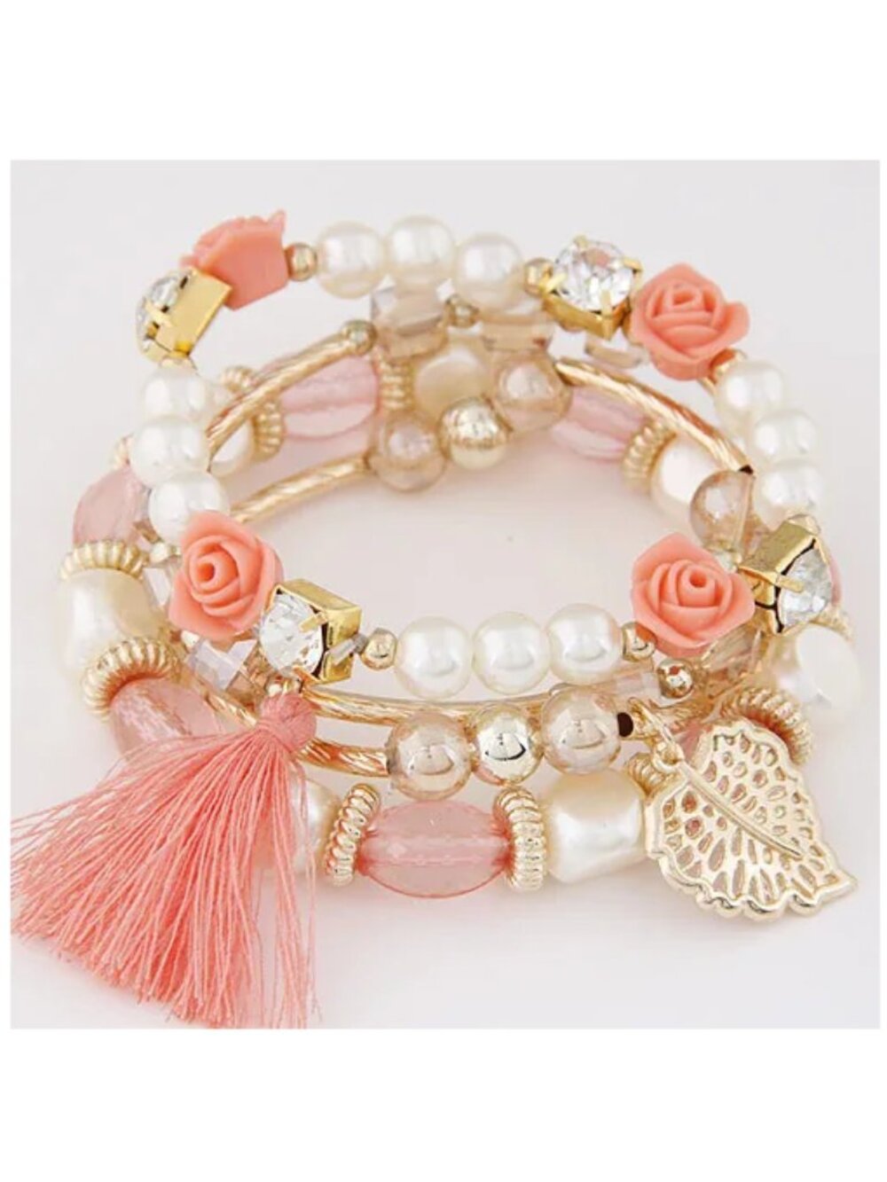 Pink Gold Boho Layered Bracelet Set Faux Pearl Floral Crystal Tassel NEW